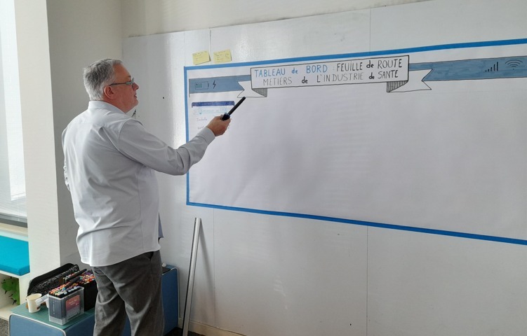 Richard animant une session devant un tableau de bord et feuille de route